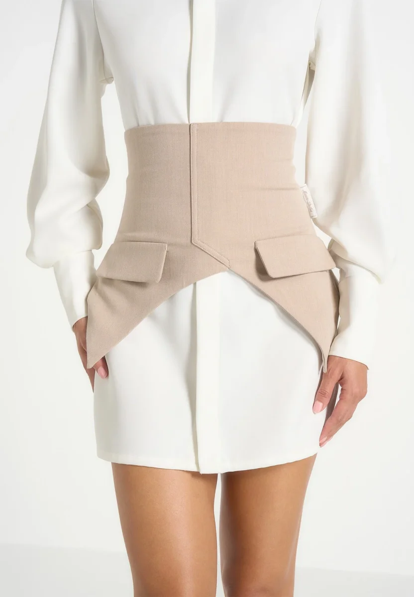 Keira - Corset Overlay Shirt Mini Dress - White/Taupe - Image 4