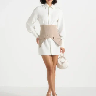 Keira - Corset Overlay Shirt Mini Dress - White/Taupe