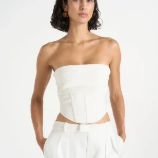 Cora - Satin Pintuck Bandeau Corset Top - Off White