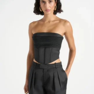 Cora - Satin Pintuck Bandeau Corset Top - Black