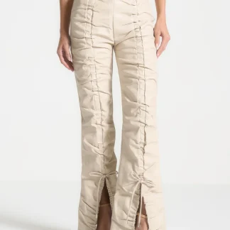 Leather Ruched Pants - Beige