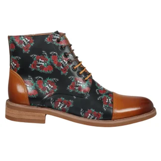 Adam - Botas Oxford de couro marrom com estampa floral e caveira para homem