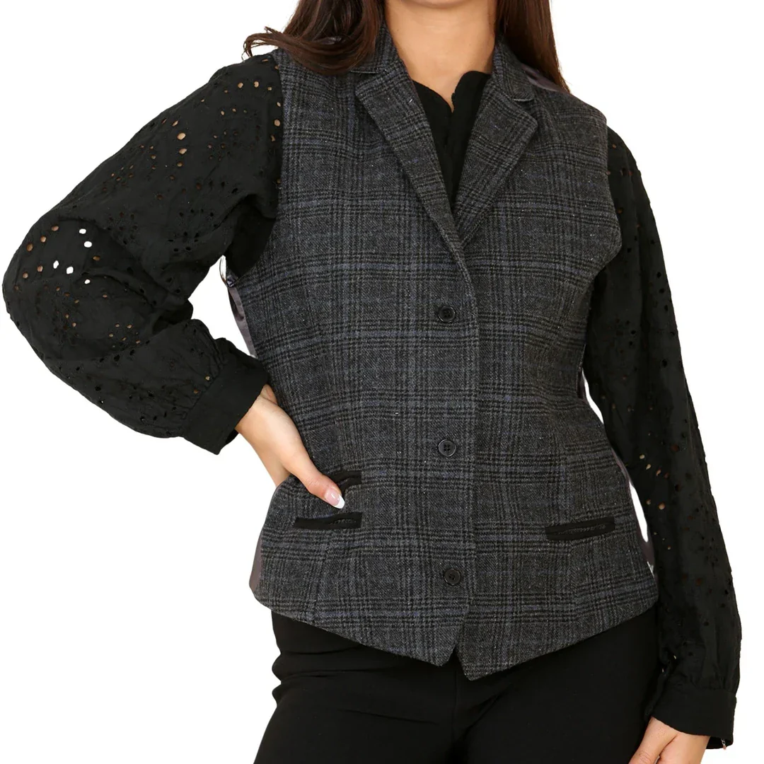 Colete feminino de tweed xadrez cinza - Image 2