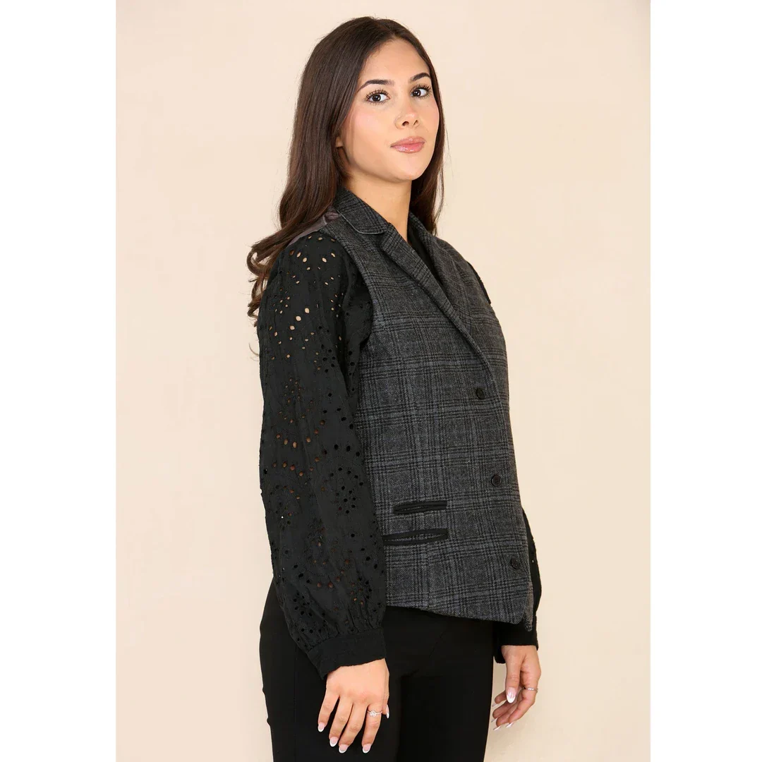 Colete feminino de tweed xadrez cinza - Image 3