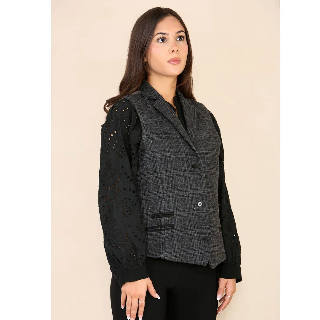 Colete feminino de tweed xadrez cinza - Image 4