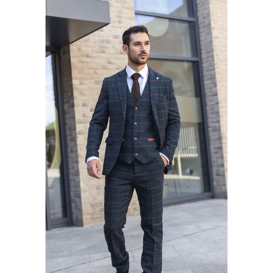 Archer - Terno masculino de 3 peças em tweed espinha de peixe xadrez azul-marinho - Image 8