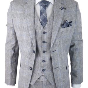 Terno masculino de verão de 3 peças, xadrez cinza, azul e preto, corte sob medida, clássico, para casamento e ocasiões formais.