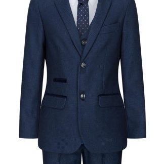 Terno infantil masculino azul marinho de 3 peças em tweed com estampa olho de perdiz, elegante e formal, estilo clássico dos anos 1920 para casamentos.