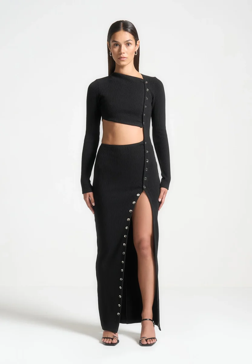Asymmetric Button Up Cut Out Maxi Dress - Black - Image 5