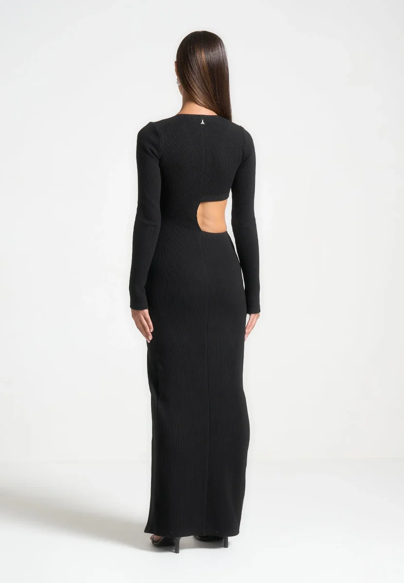 Asymmetric Button Up Cut Out Maxi Dress - Black - Image 4