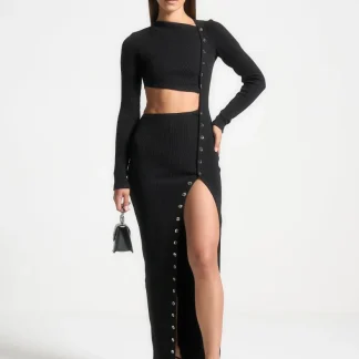 Asymmetric Button Up Cut Out Maxi Dress - Black