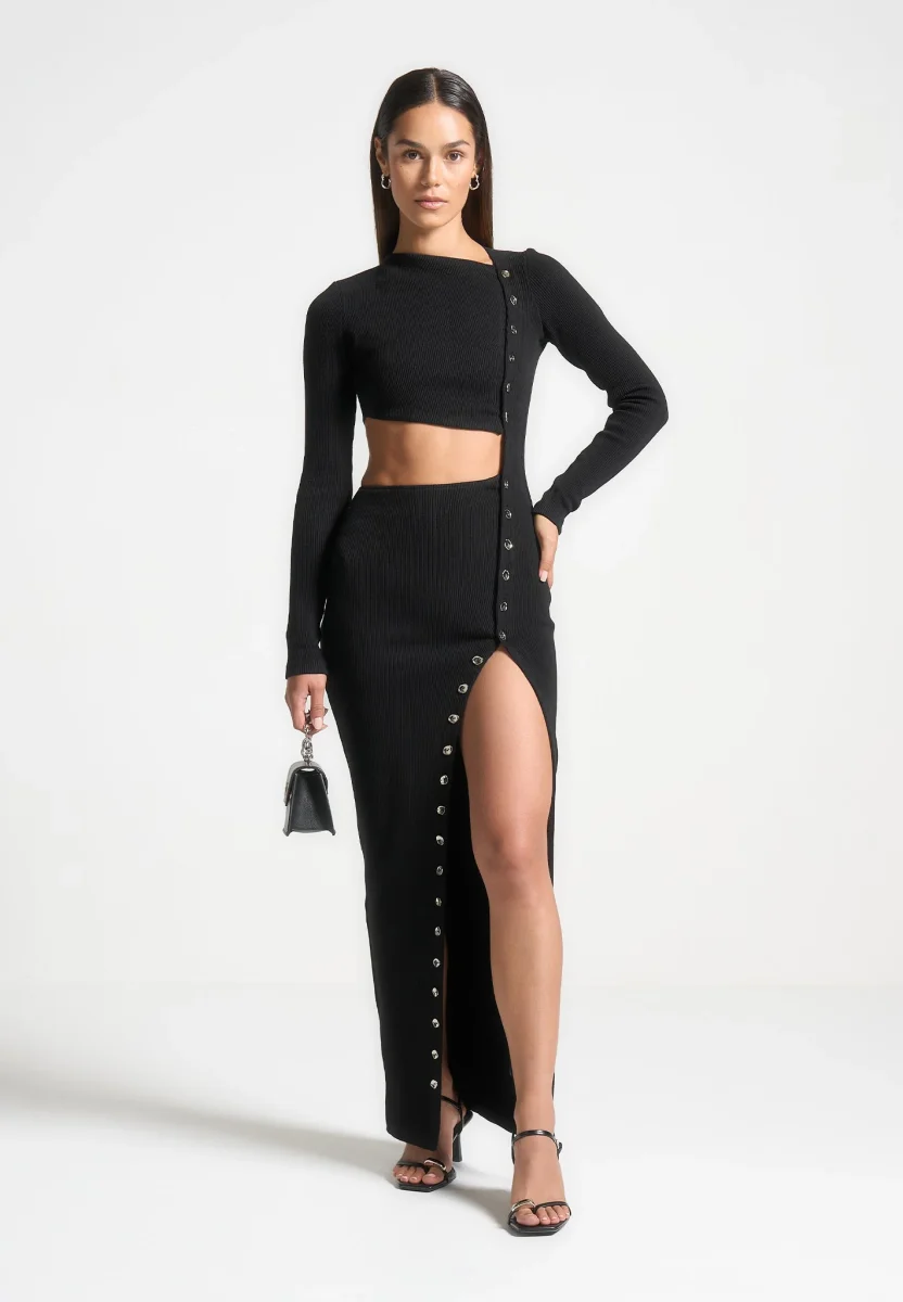 Asymmetric Button Up Cut Out Maxi Dress - Black - Image 2