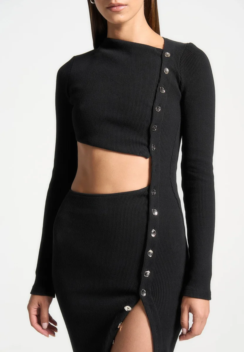 Asymmetric Button Up Cut Out Maxi Dress - Black - Image 3