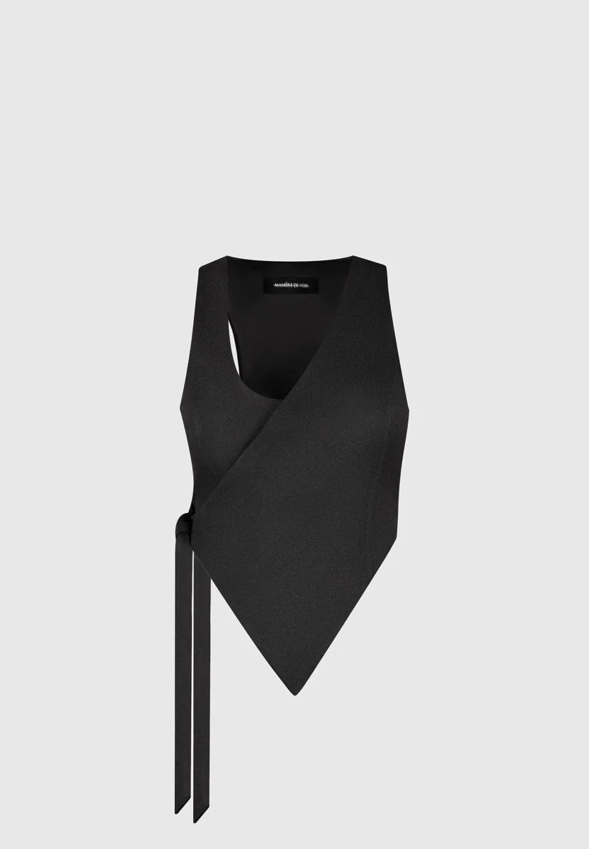 Asymmetric Tailored Waistcoat with Tie - Black - Image 6