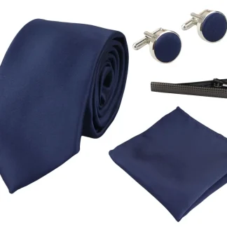 Conjunto de presente em cetim de seda azul-marinho com gravata, lenço de bolso, abotoaduras e cetim brilhante.