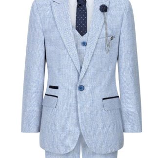 Terno xadrez de tweed azul claro para meninos, 3 peças, corte sob medida, estilo Peaky Blinders clássico.