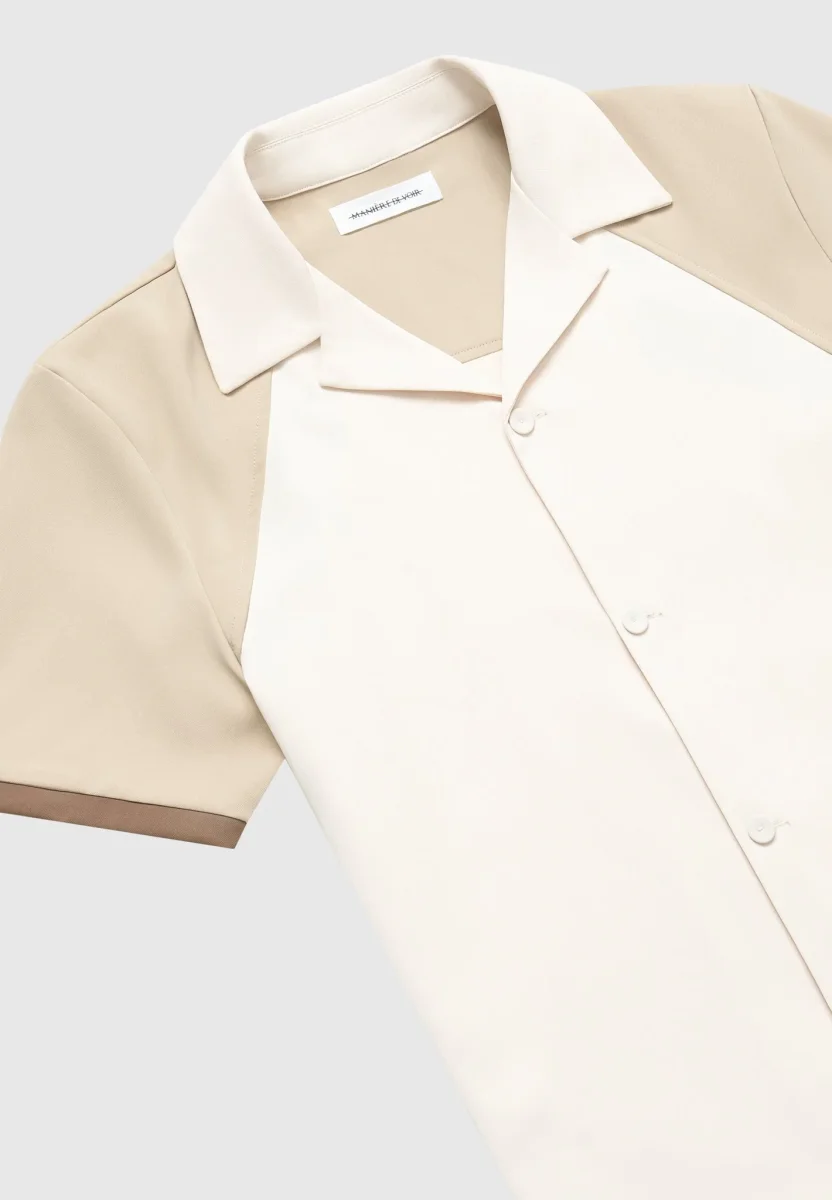 Colour Block Raglan Revere Shirt - Cream/Brown - Image 6