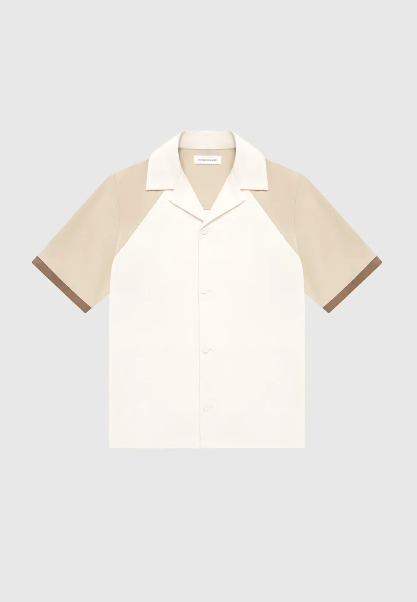 Colour Block Raglan Revere Shirt - Cream/Brown - Image 4
