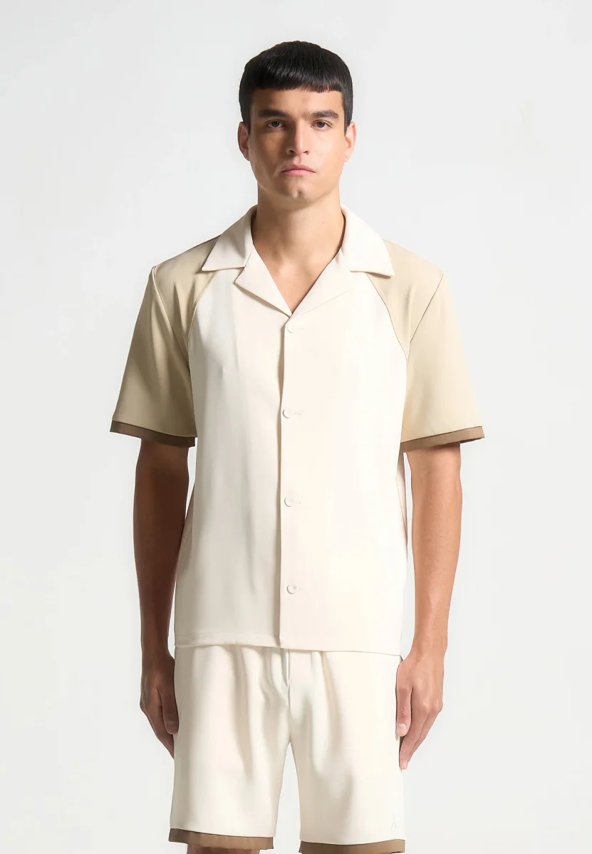 Colour Block Raglan Revere Shirt - Cream/Brown - Image 3