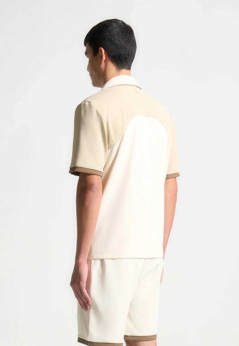 Colour Block Raglan Revere Shirt - Cream/Brown - Image 5