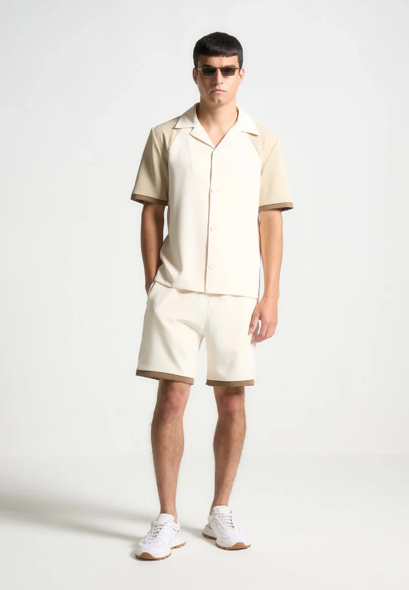 Colour Block Raglan Revere Shirt - Cream/Brown - Image 2