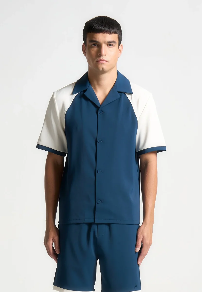 Colour Block Raglan Revere Shirt - Navy/Cream - Image 3