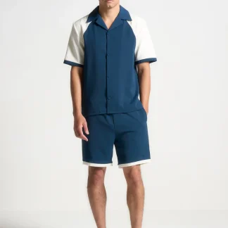 Colour Block Raglan Revere Shirt - Navy/Cream