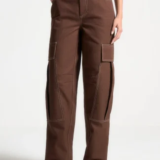 High Rise Drill Cargo Pants - Brown