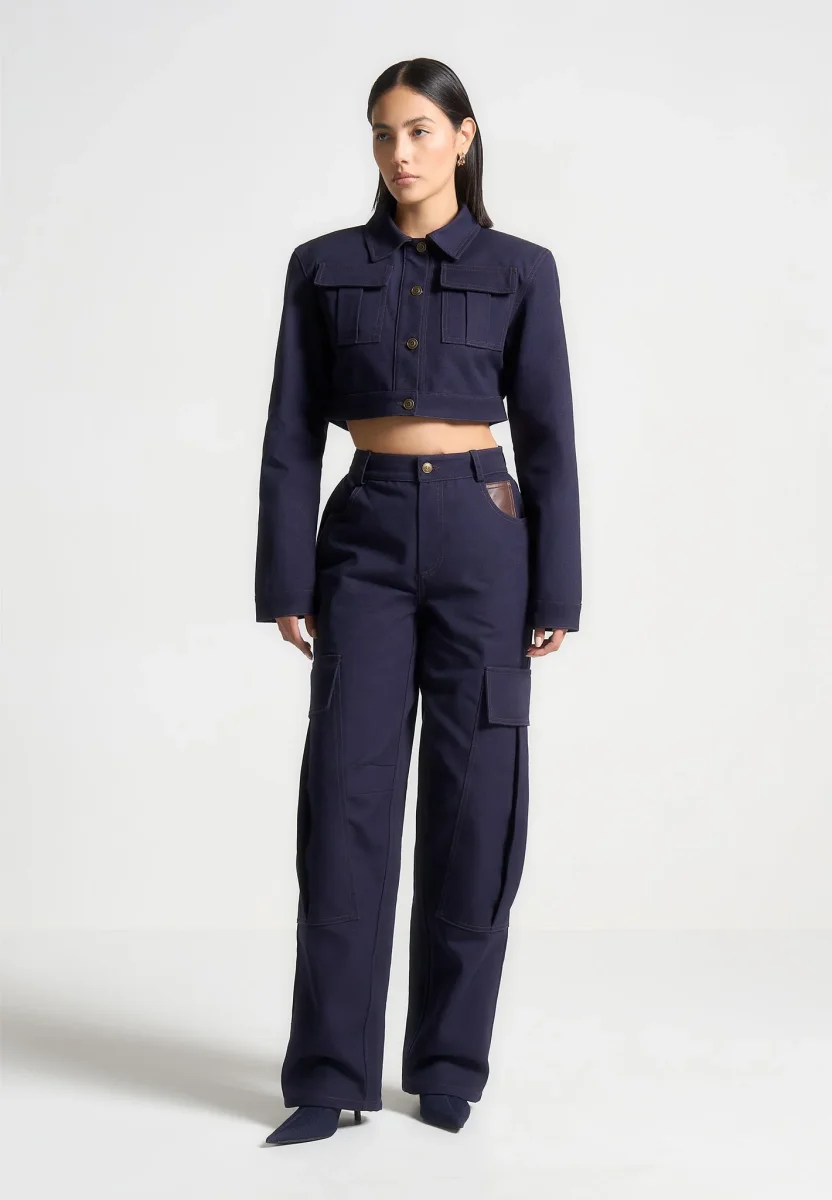 High Rise Drill Cargo Pants - Indigo - Image 3