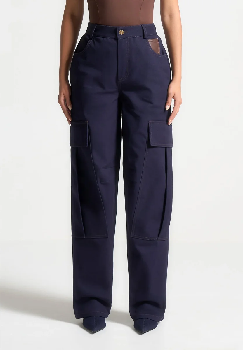 High Rise Drill Cargo Pants - Indigo - Image 5