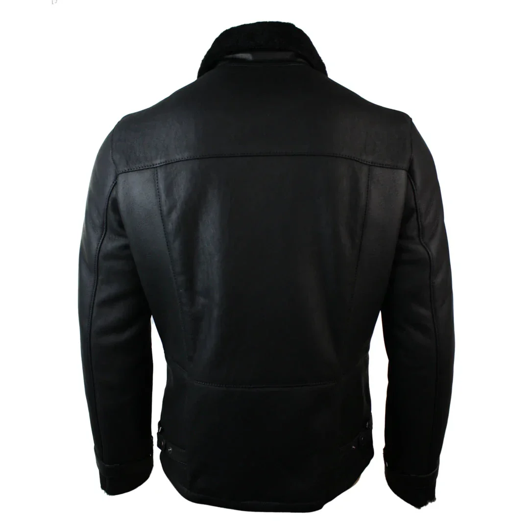 Jaqueta masculina de inverno em pele de carneiro preta, comprimento médio e modelagem ajustada, com zíper cruzado. - Image 6