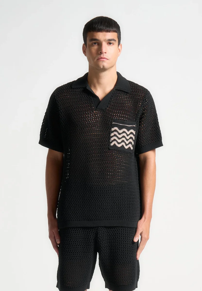 Crochet Knit Polo Shirt - Black - Image 5