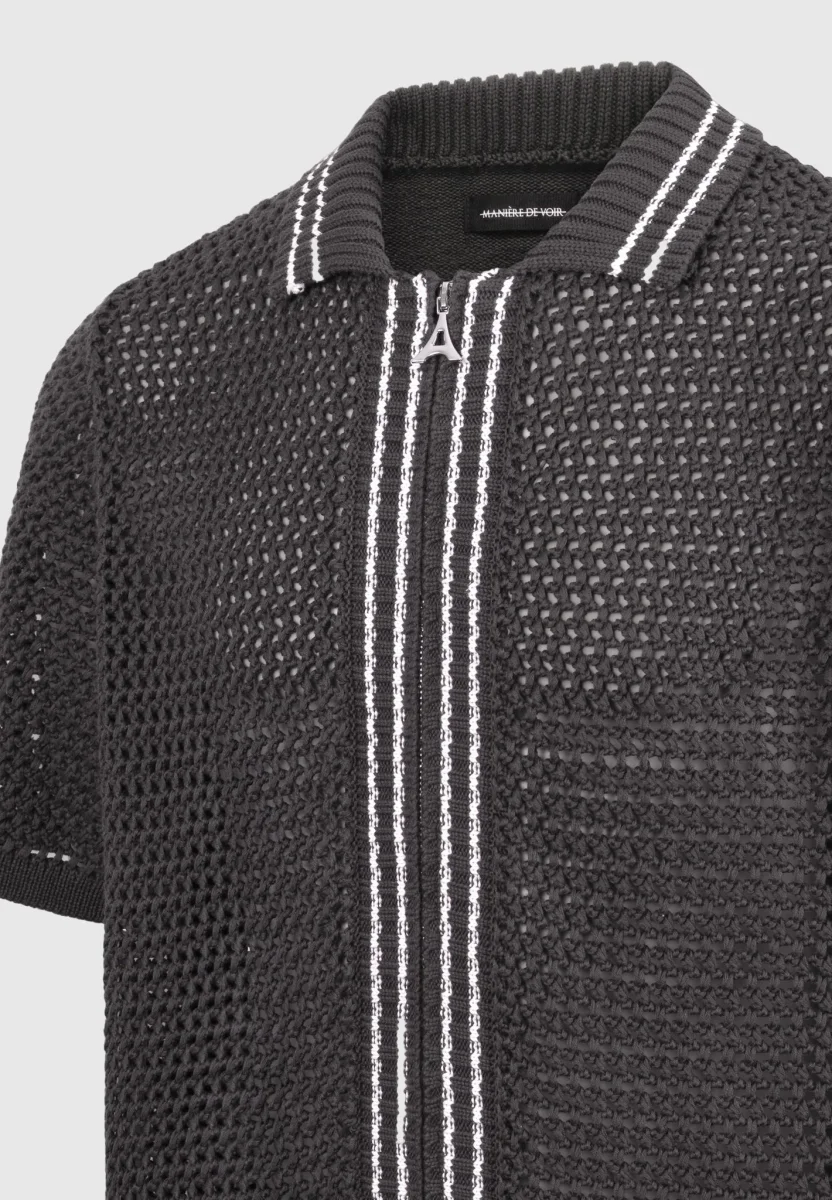 Crochet Knit Stripe Zip Shirt - Charcoal Grey - Image 6