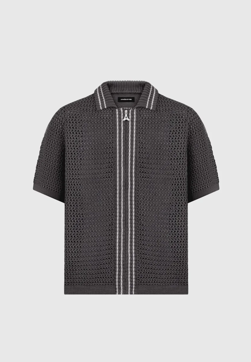 Crochet Knit Stripe Zip Shirt - Charcoal Grey - Image 4