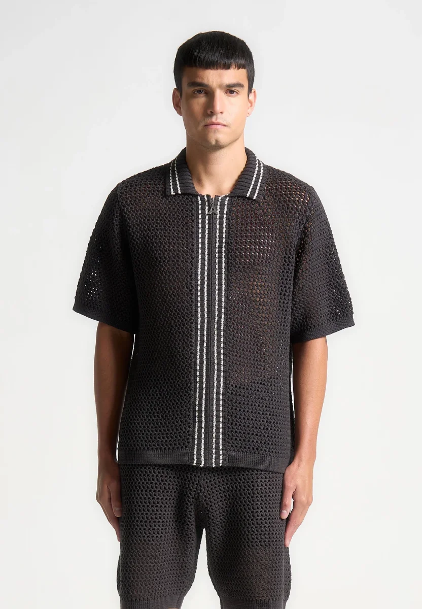 Crochet Knit Stripe Zip Shirt - Charcoal Grey - Image 3