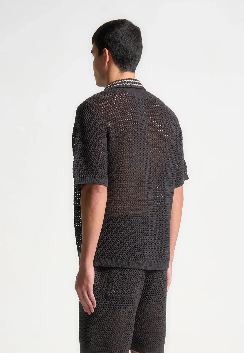 Crochet Knit Stripe Zip Shirt - Charcoal Grey - Image 5
