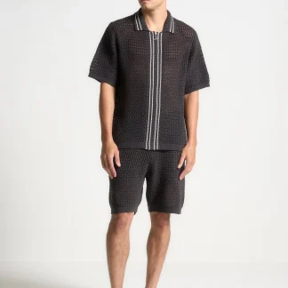 Crochet Knit Stripe Zip Shirt - Charcoal Grey