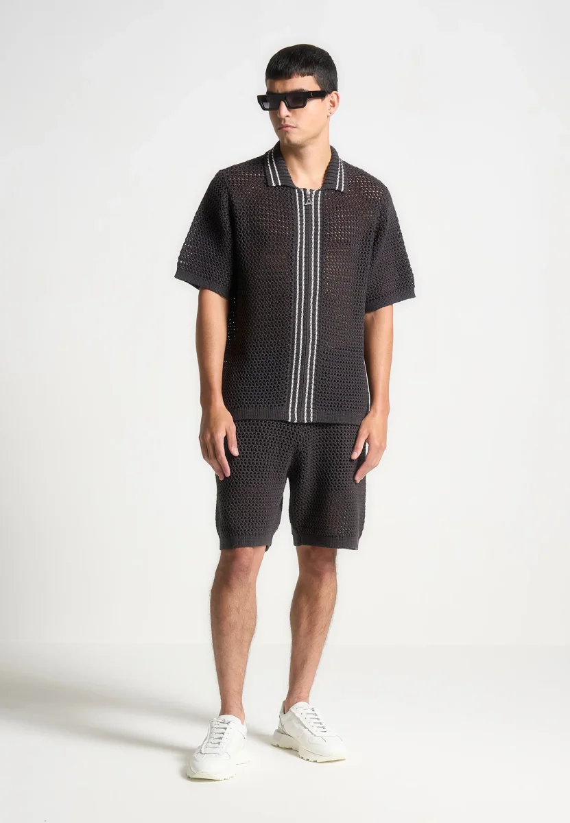 Crochet Knit Stripe Zip Shirt - Charcoal Grey