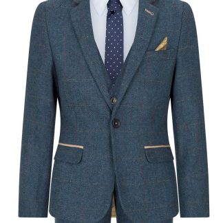 Terno infantil azul de três peças em tweed espinha de peixe xadrez vintage com corte sob medida.