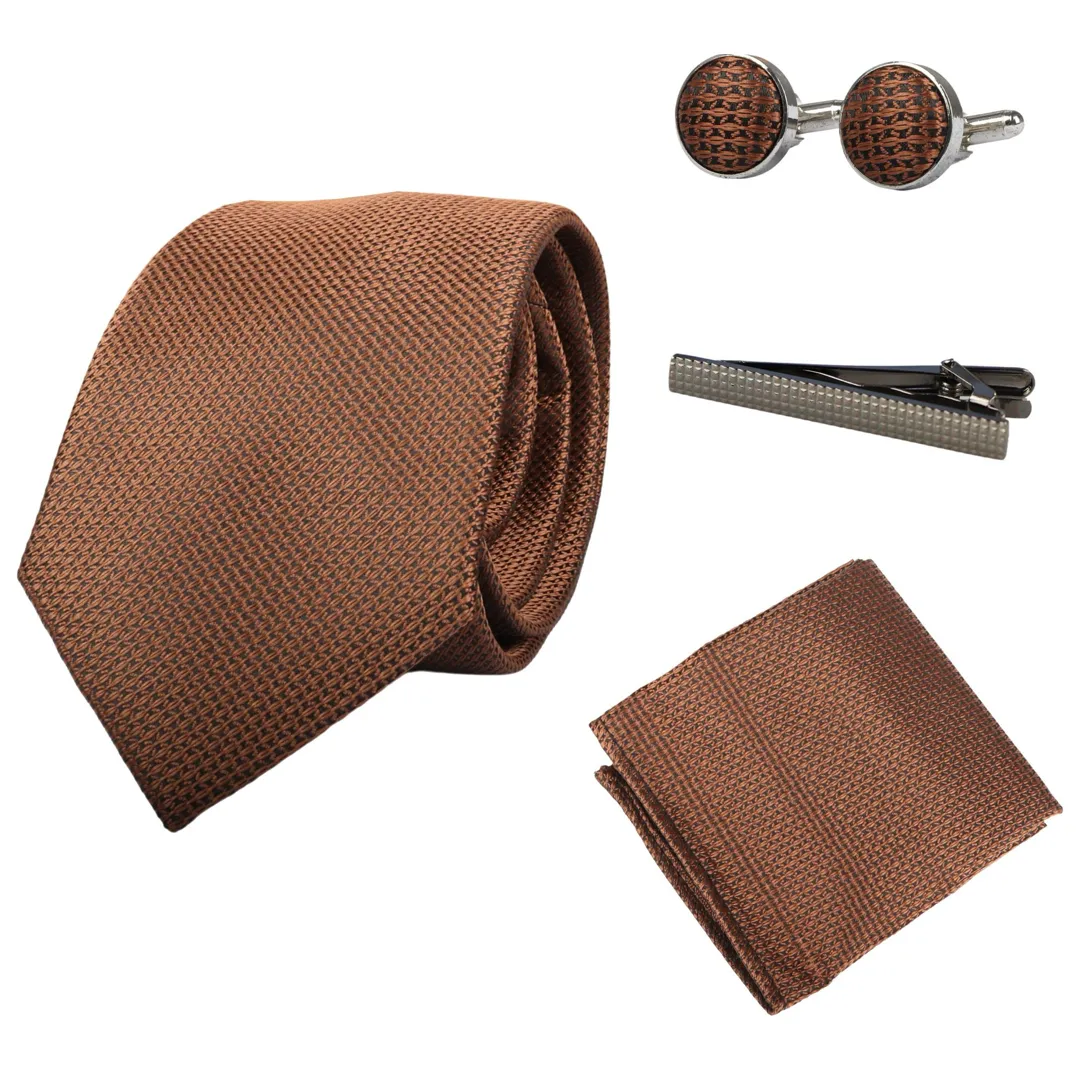 Conjunto de presente com gravata marrom com decote em diamante, lenço de bolso, abotoaduras e alfinete para gravata de camisa em cetim. - Image 2