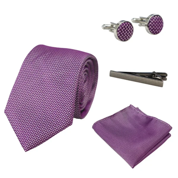 Conjunto de presente com gravata lilás Diamond Neck, lenço de bolso, abotoaduras e alfinete para camisa, em cetim.