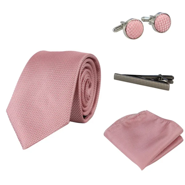 Conjunto de presente com gravata rosa com diamantes, lenço de bolso, abotoaduras e alfinete para gravata de camisa em cetim.