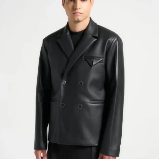 Didier - Double Breasted Leather Suit Jacket - Black
