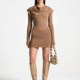 Draped Corset Overlay T-Shirt Mini Dress - Brown Marl