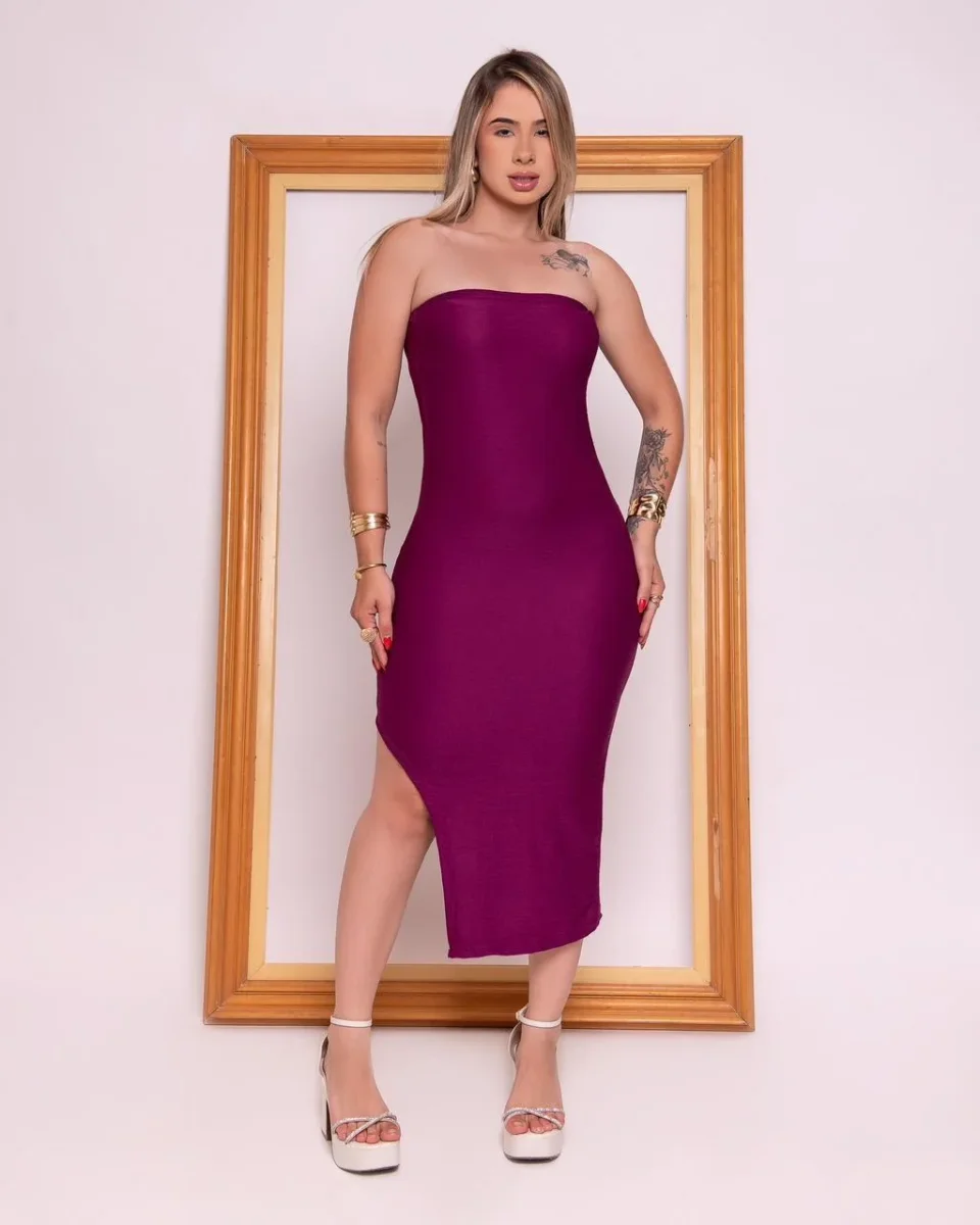 Vestido Mid Coladinho Sem Alças Com Fenda Na Coxa - Image 2
