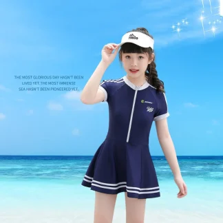 Girls Short Sleeved Zippered One-piece Swimsuit
