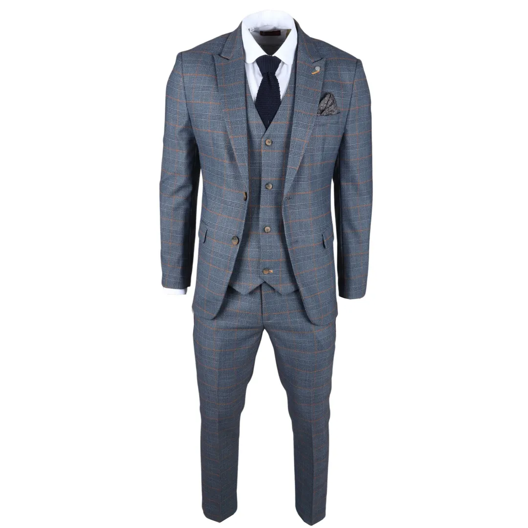Terno masculino Gisborne de 3 peças, xadrez azul-marinho com detalhes em mostarda. - Image 8