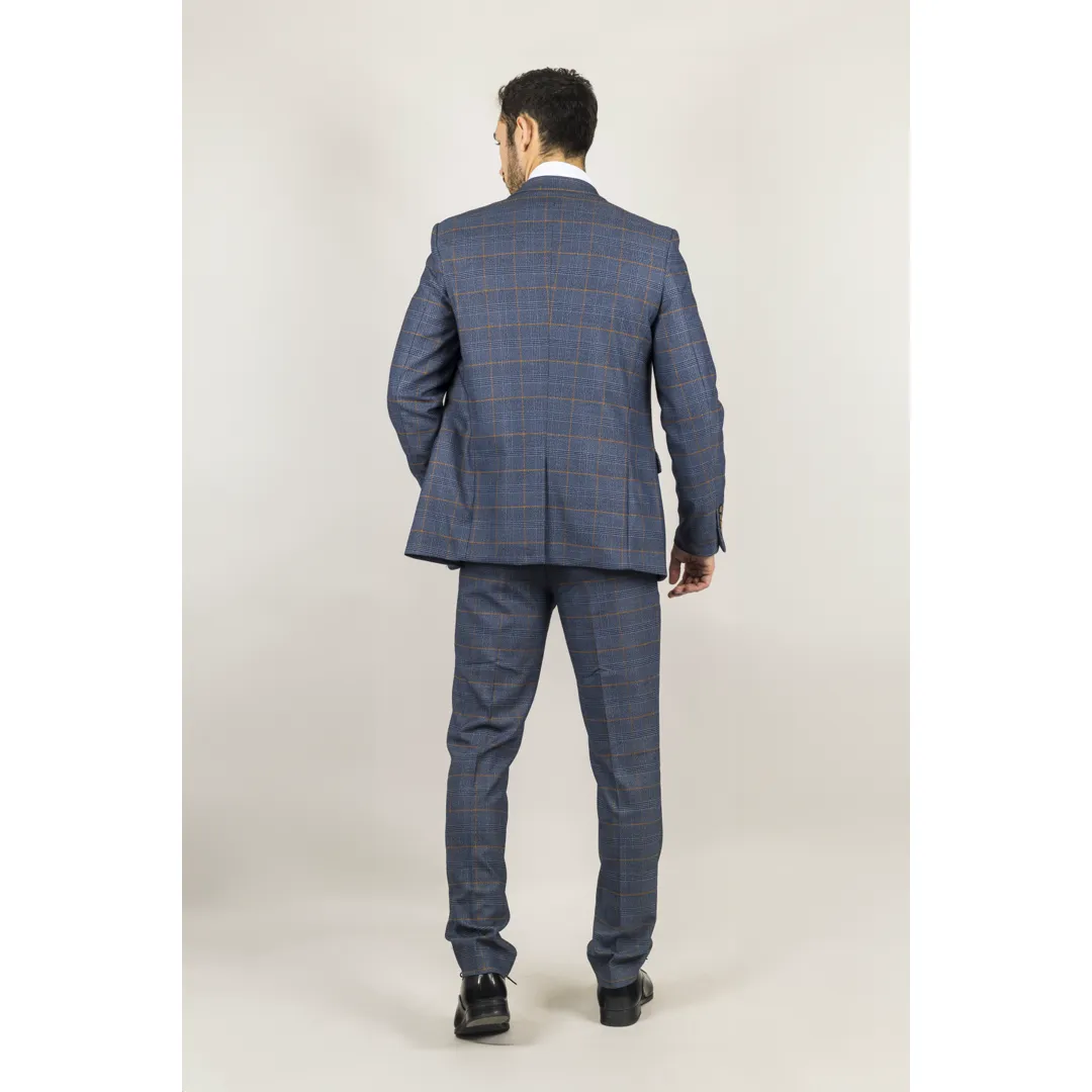 Terno masculino Gisborne de 3 peças, xadrez azul-marinho com detalhes em mostarda. - Image 7