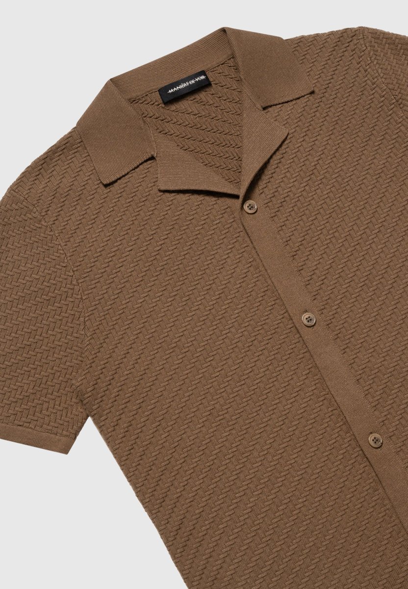 Herringbone Knit Revere Shirt - Brown - Image 6