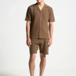 Herringbone Knit Revere Shirt - Brown